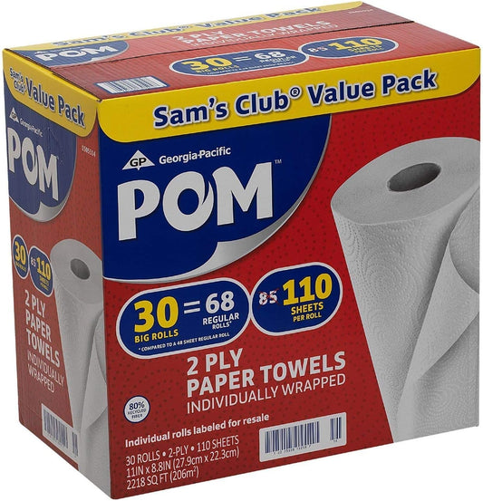 POM Individually Wrapped 2-Ply Paper Towels 30 rolls, 110 sheets/roll